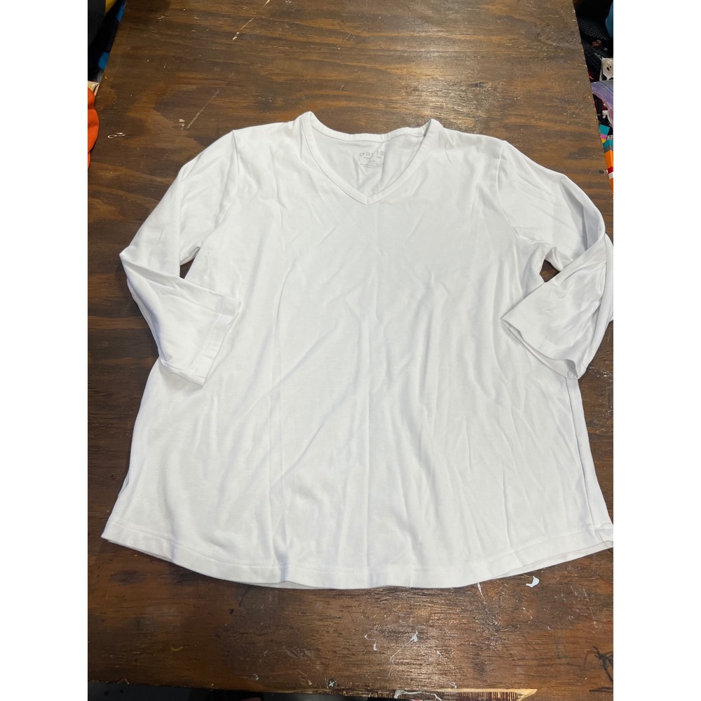 Orvis Perfect Tee Womens Large White V-Neck 3/4 Sleeve Pima Cotton Modal Top